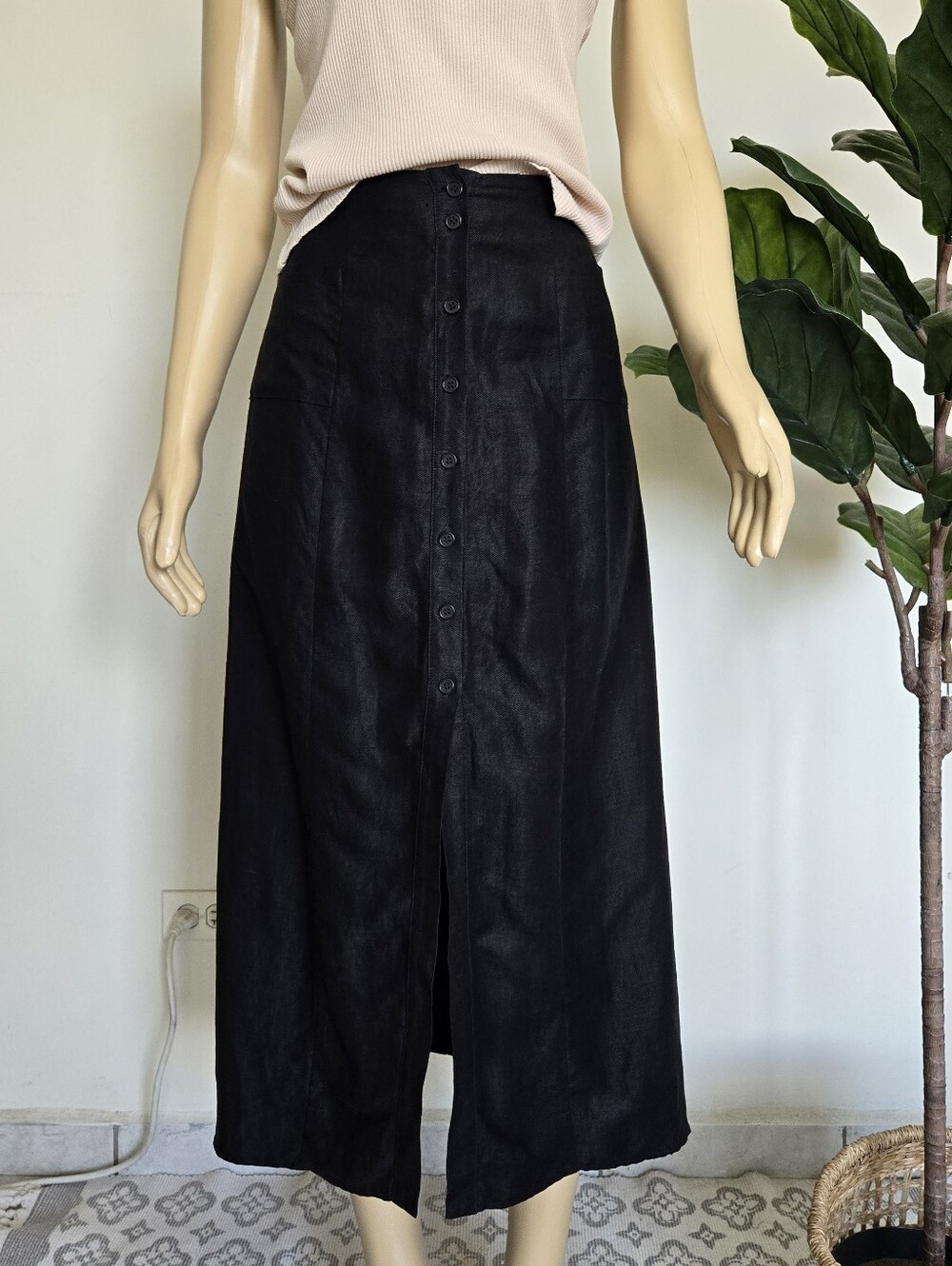 Reformation Britt Linen Button Front Midi Skirt Black Size 4 Women's